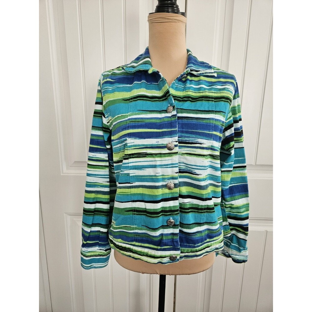 MISSES CHOICES WHT GRN BLUE STRIPE LIGHTWEIGHT DENIM JEAN COTTON JACKET SZ S